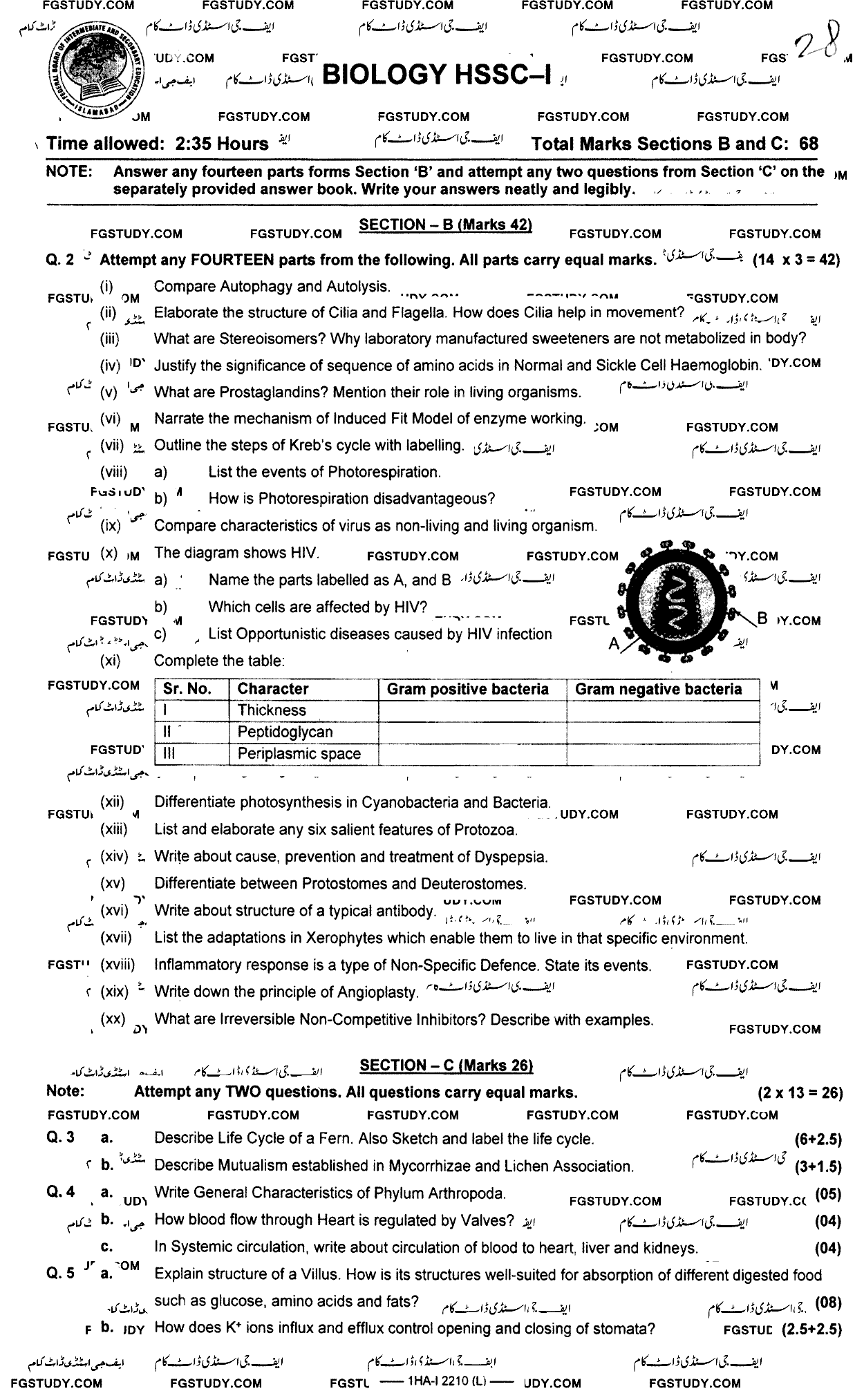 11th Class Biology Past Paper 2022 Federal Board Islamabad Subjective