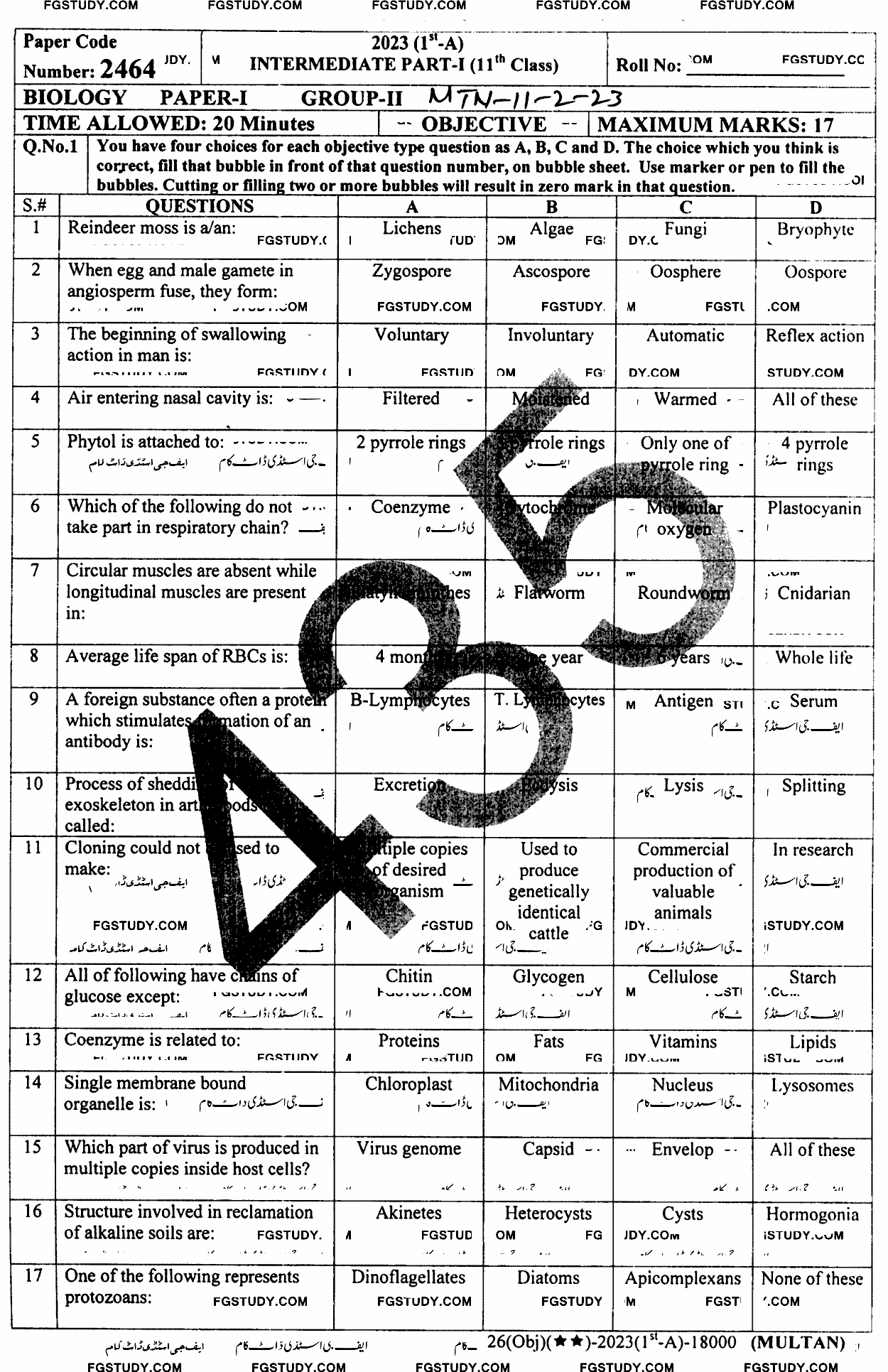 11th Class Biology Past Paper 2023 Multan Board Group 2 Objective