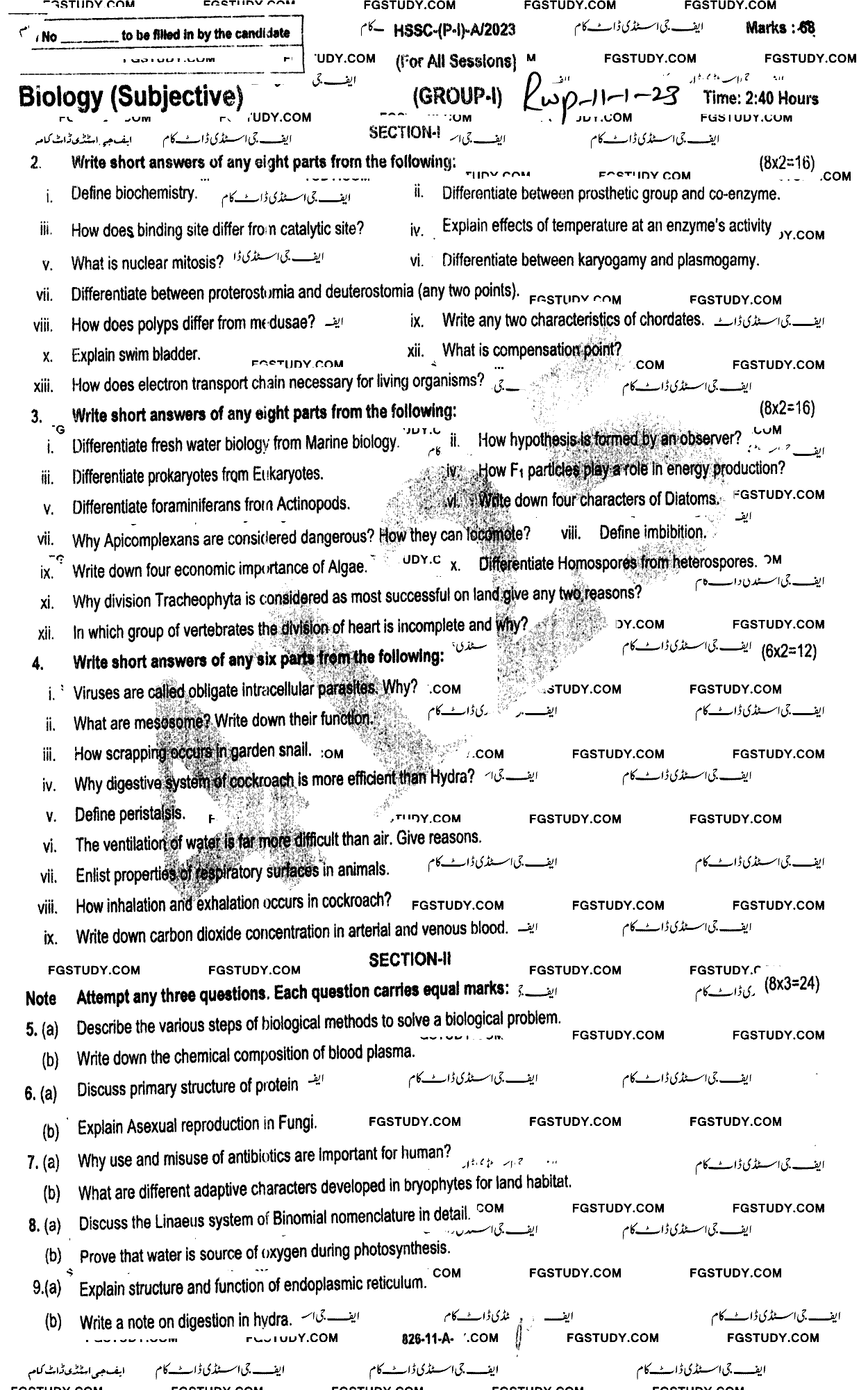 11th Class Biology Past Paper 2023 Rawalpindi Board Group 1 Subjective