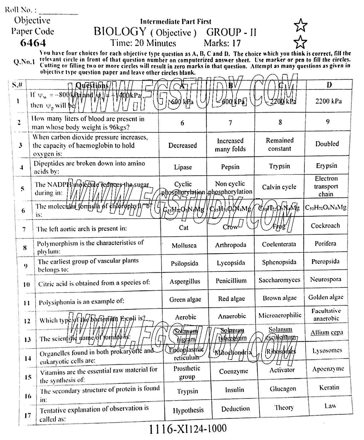 11th Class Biology Past Paper 2024 Faisalabad Board Group 2 Objective