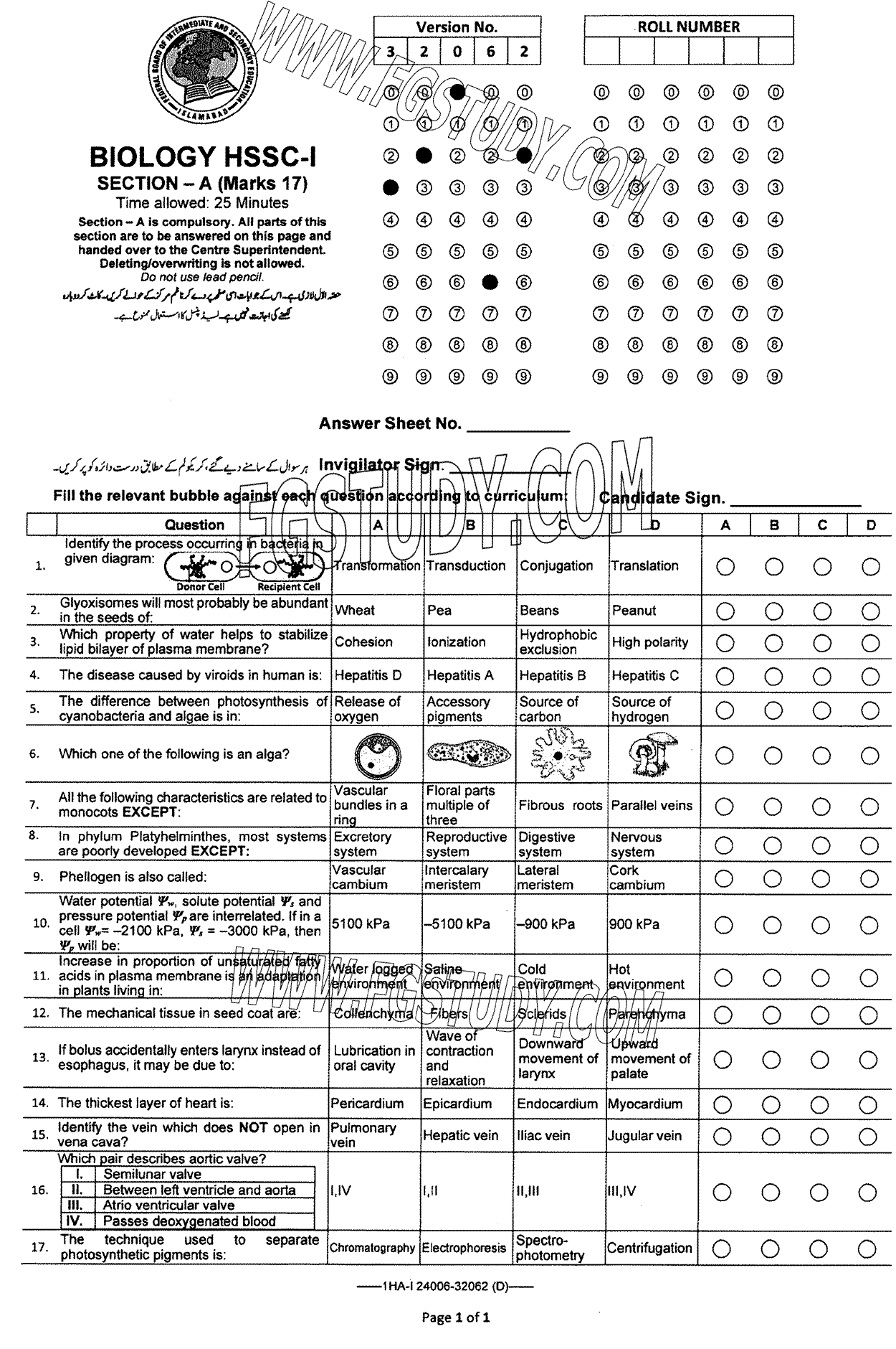 11th Class Biology Past Paper 2024 Federal Board Islamabad Group 2 Objective