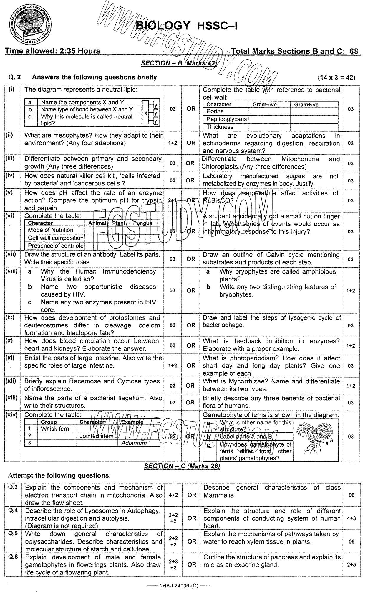 11th Class Biology Past Paper 2024 Federal Board Islamabad Group 2 Subjective