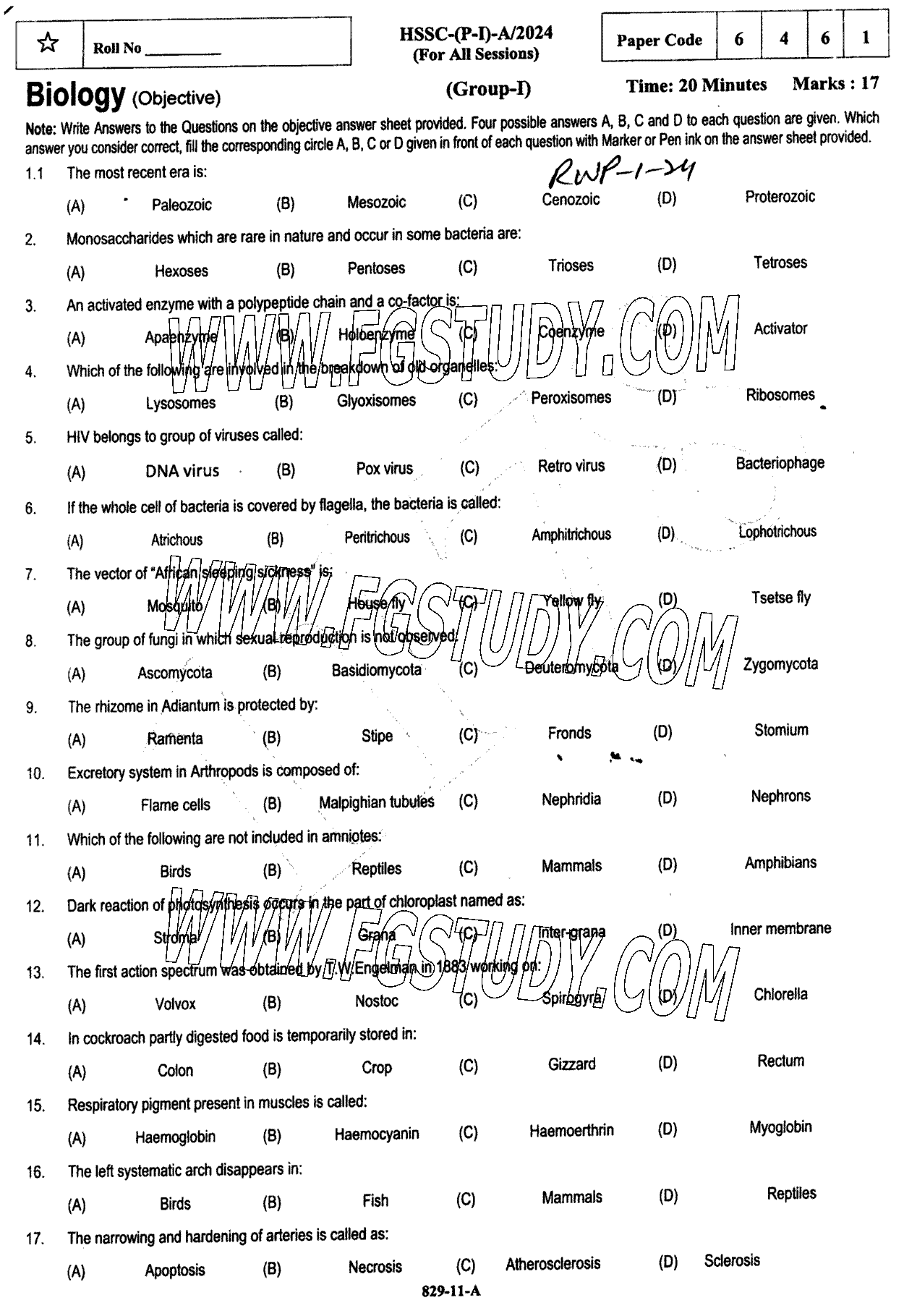 11th Class Biology Past Paper 2024 Rawalpindi Board Group 1 Objective