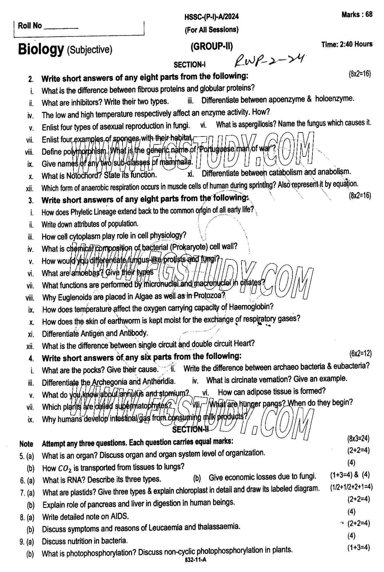 11th Class Biology Past Paper 2024 Rawalpindi Board Group 2 Subjective