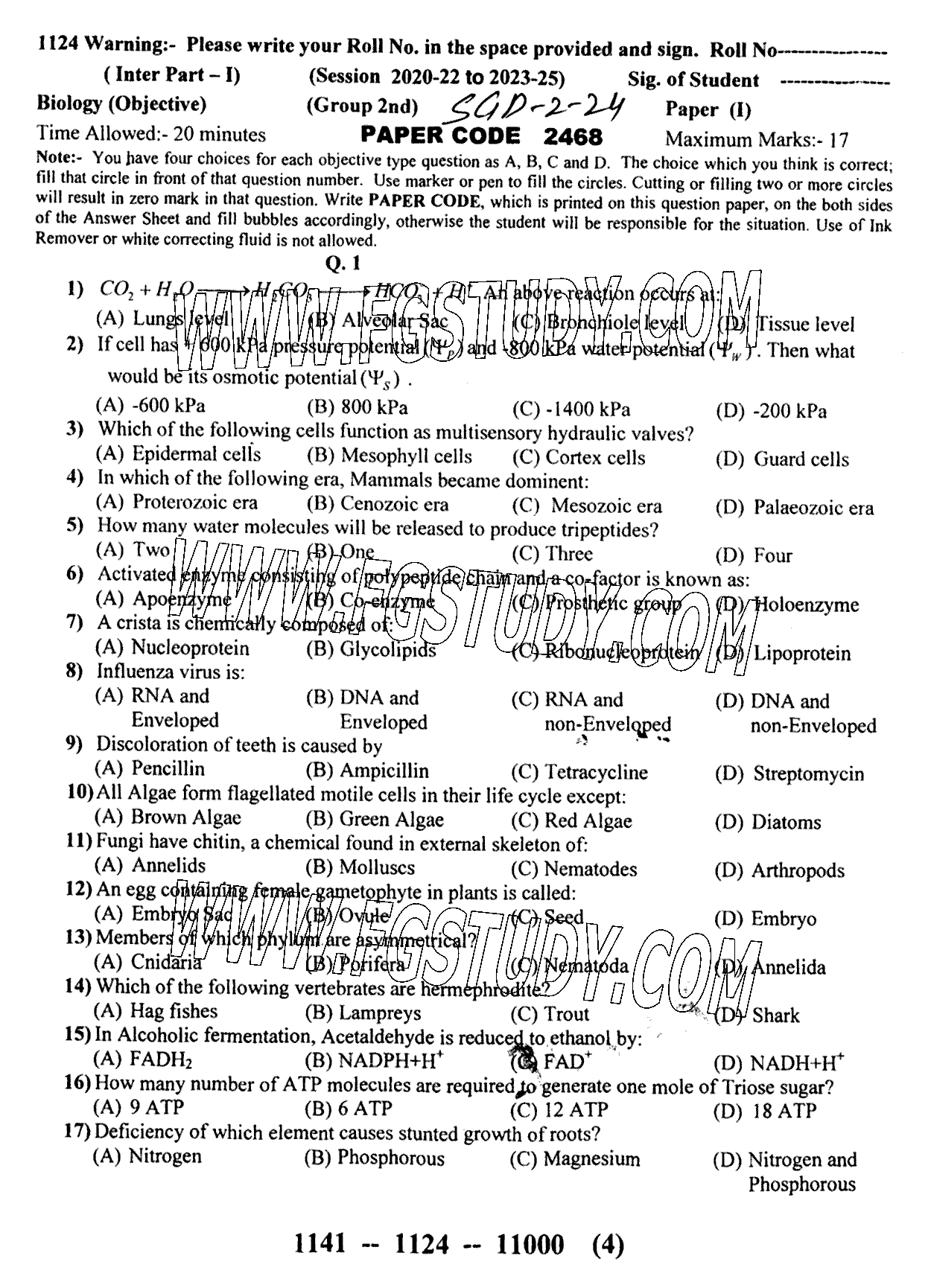 11th Class Biology Past Paper 2024 Sargodha Board Group 2 Objective