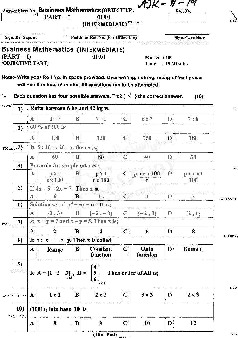 11th Class Business Mathematics Past Paper 2019 Ajk Board Objective