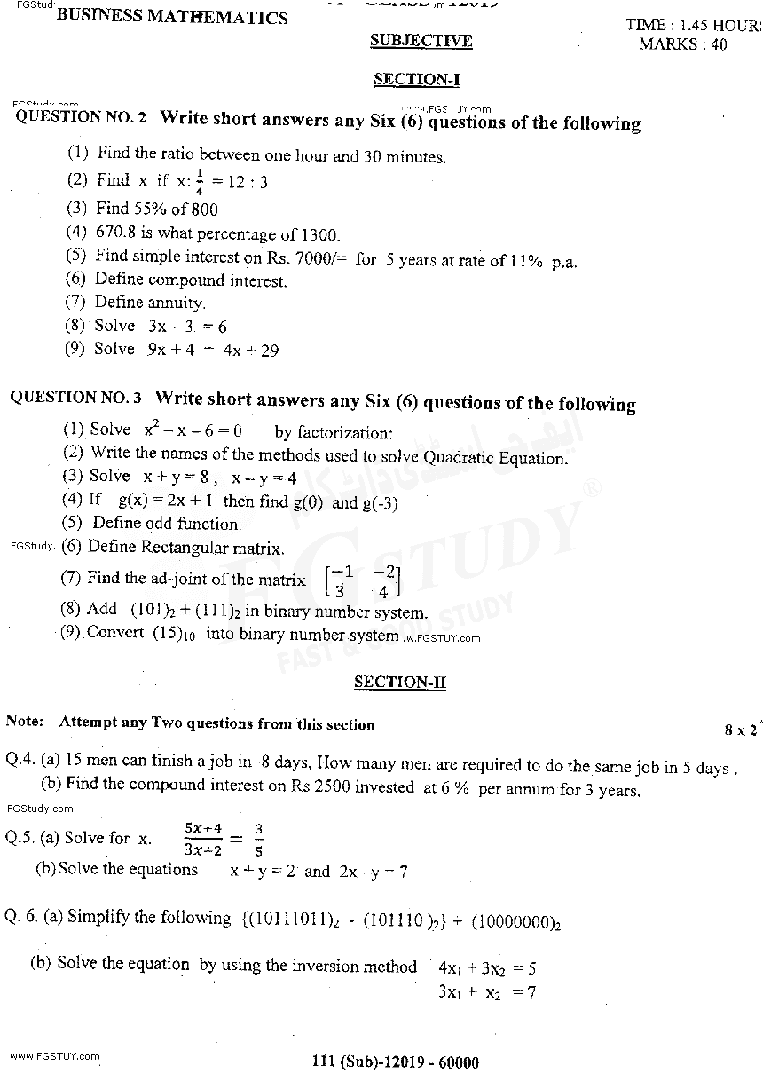 11th Class Business Mathematics Past Paper 2019 Dg Khan Board Subjective