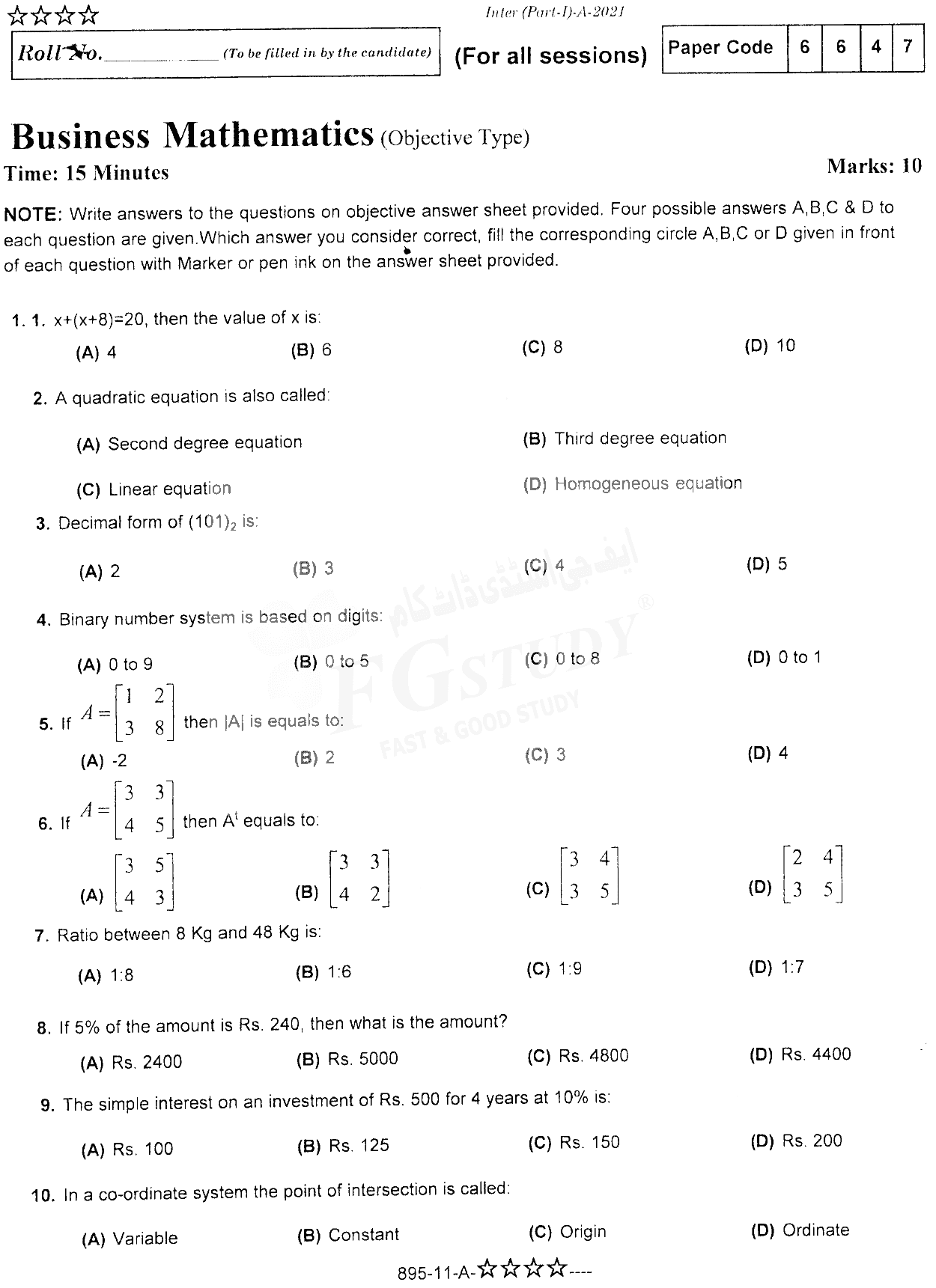 11th Class Business Mathematics Past Paper 2021 Rawalpindi Board Objective