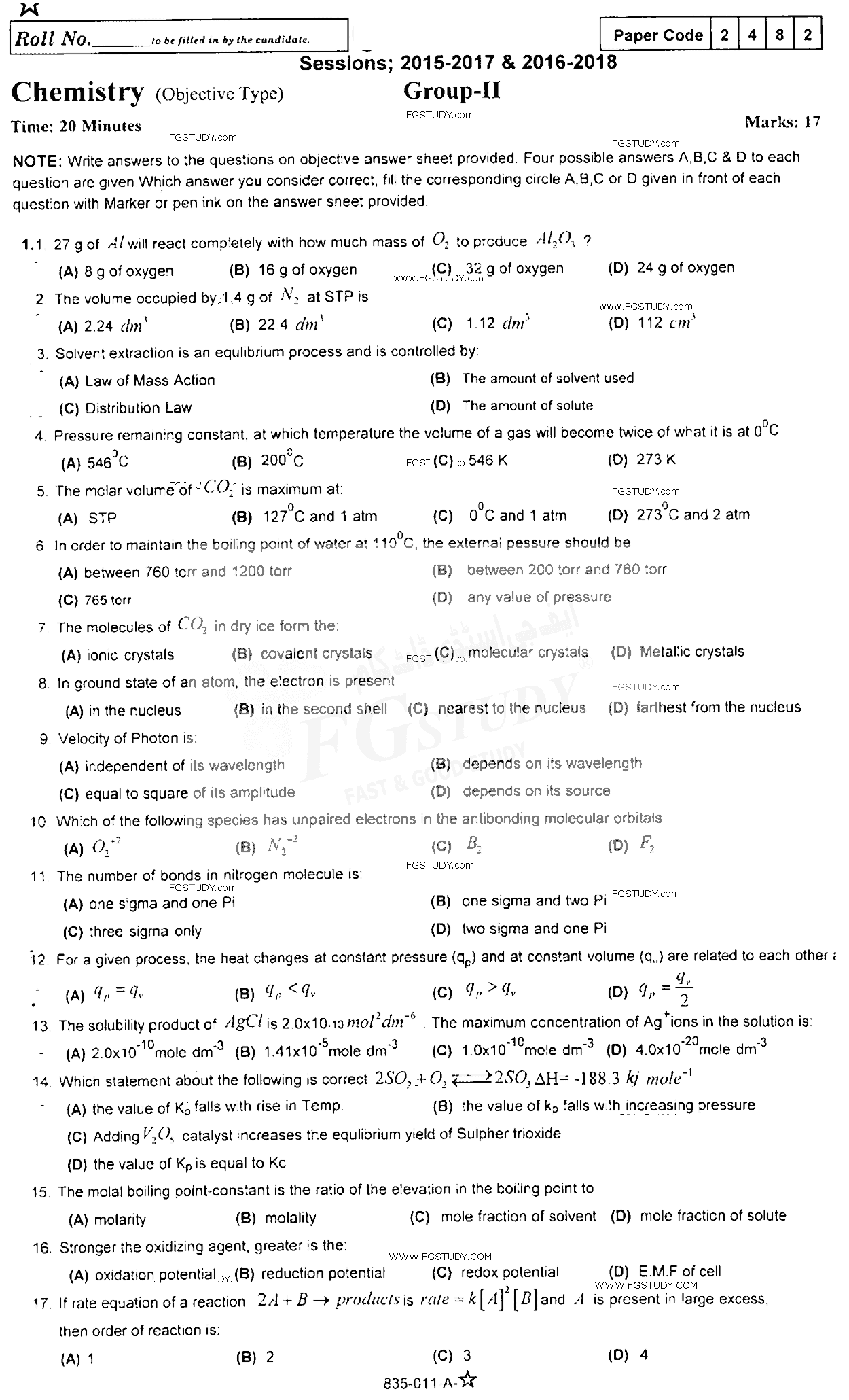 11th Class Chemistry Past Paper 2017 Rawalpindi Board Group 2 Objective
