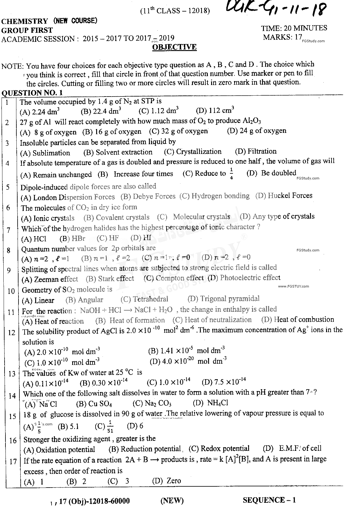 11th Class Chemistry Past Paper 2018 Dg Khan Board Group 1 Objective