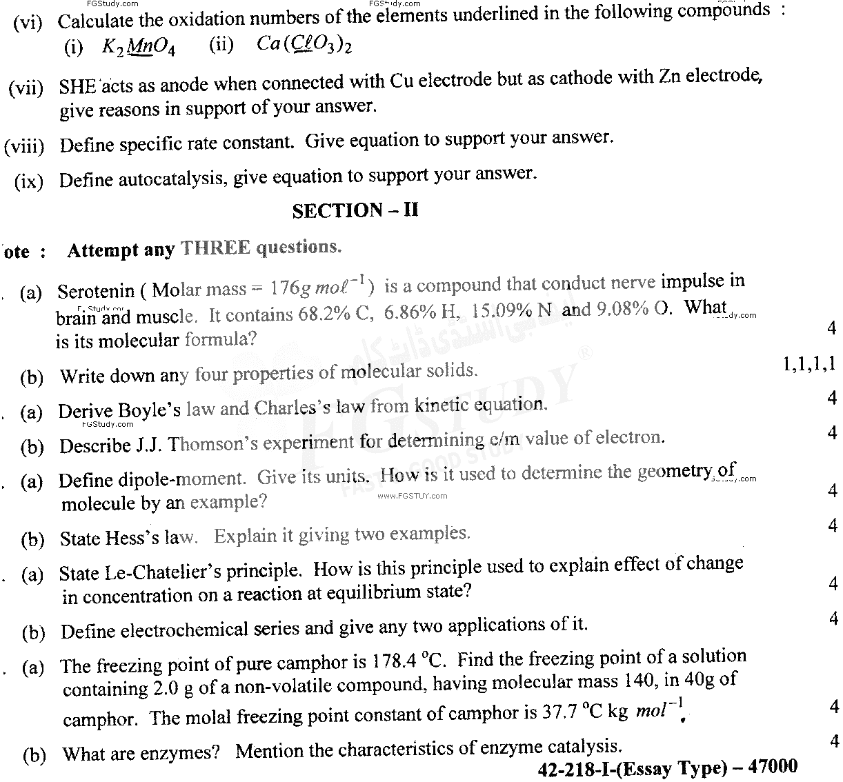 11th Class Chemistry Past Paper 2018 Lahore Board Group 1 Subjective