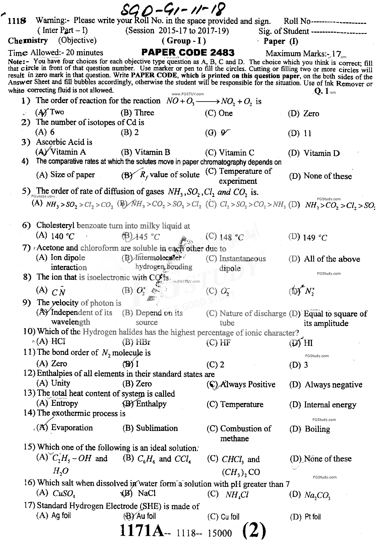 11th Class Chemistry Past Paper 2018 Sargodha Board Group 1 Objective