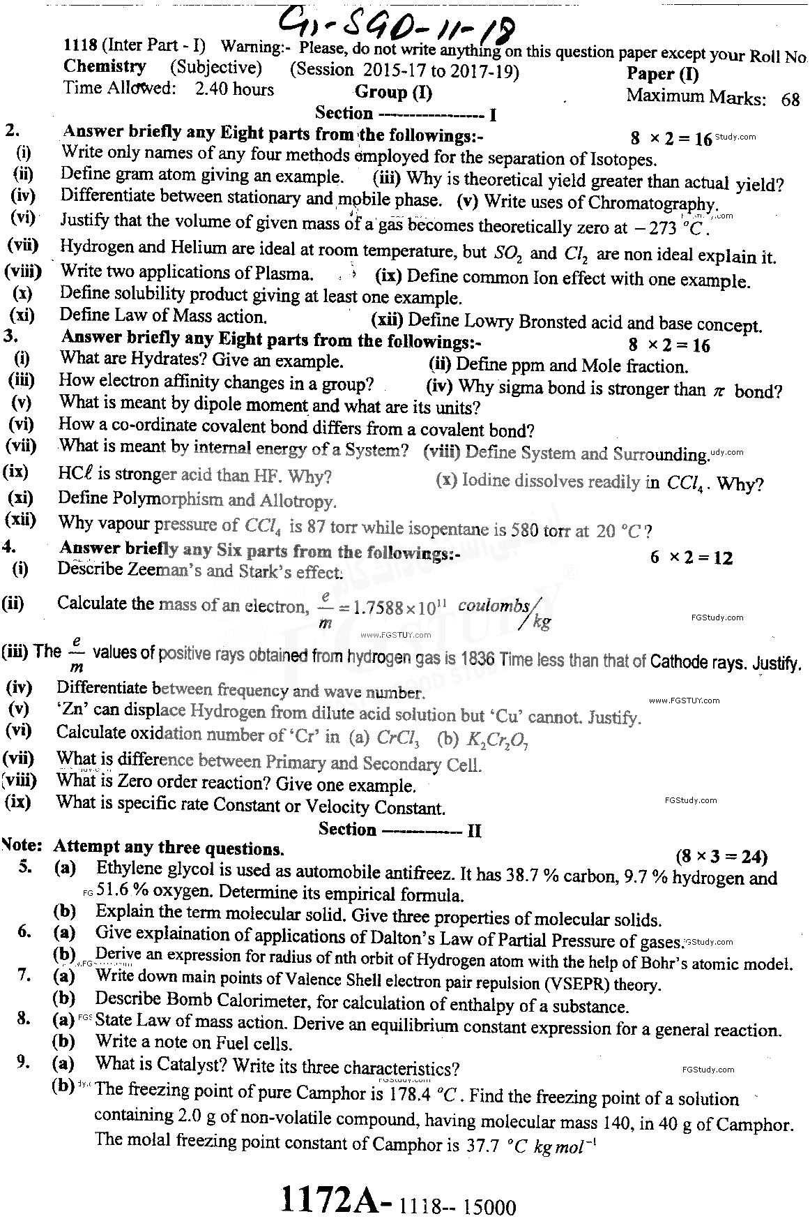 11th Class Chemistry Past Paper 2018 Sargodha Board Group 1 Subjective