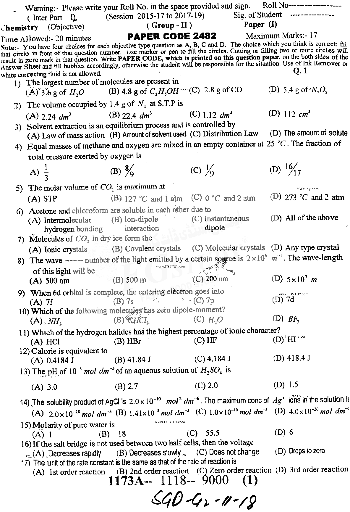 11th Class Chemistry Past Paper 2018 Sargodha Board Group 2 Objective