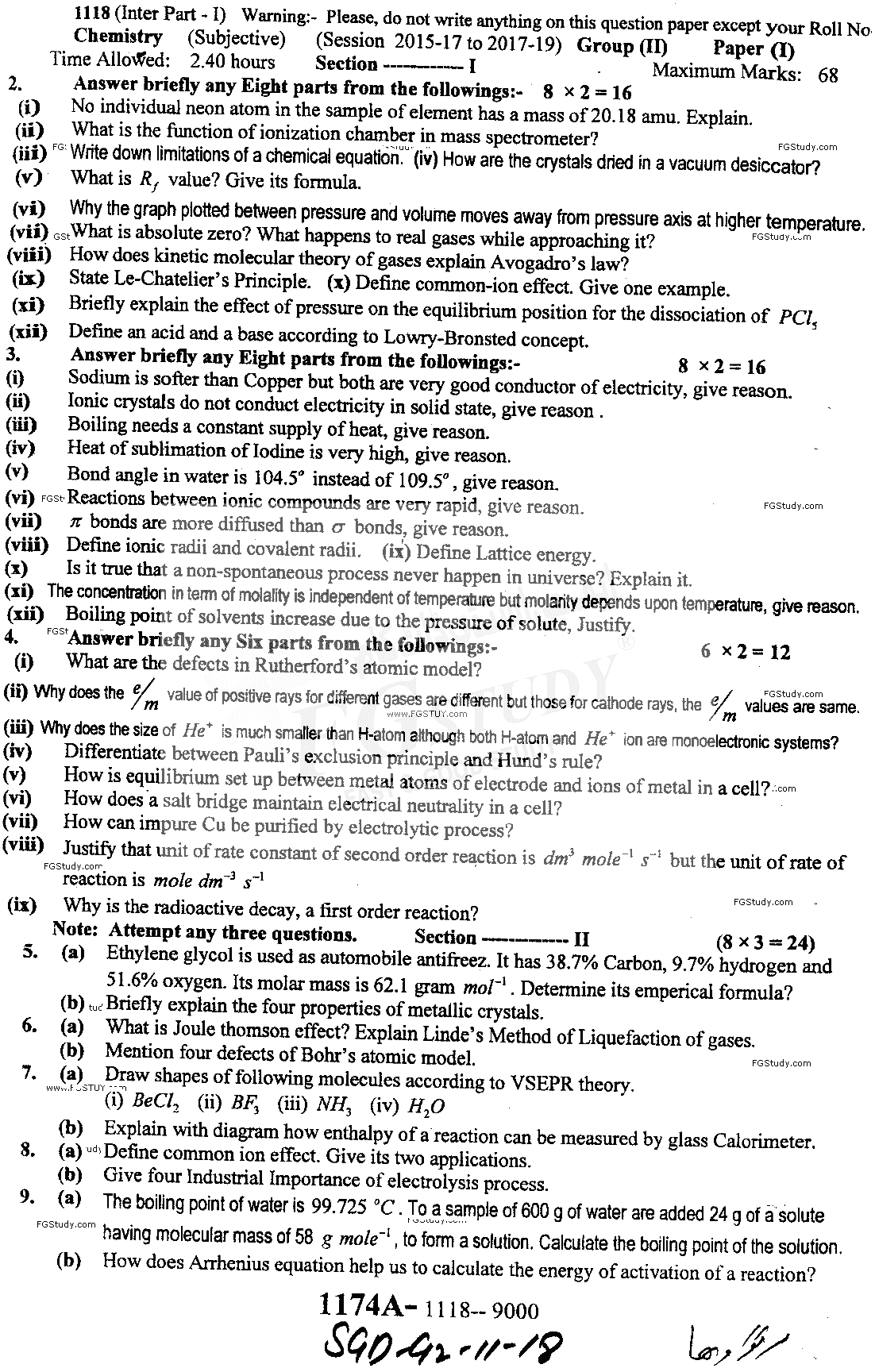 11th Class Chemistry Past Paper 2018 Sargodha Board Group 2 Subjective