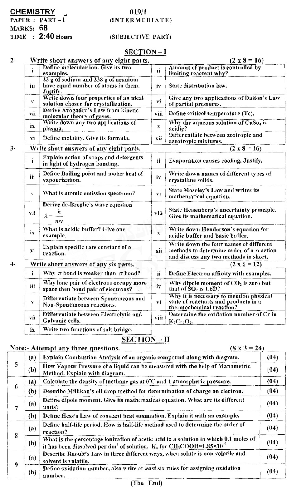 11th Class Chemistry Past Paper 2019 Ajk Board Group 1 Subjective