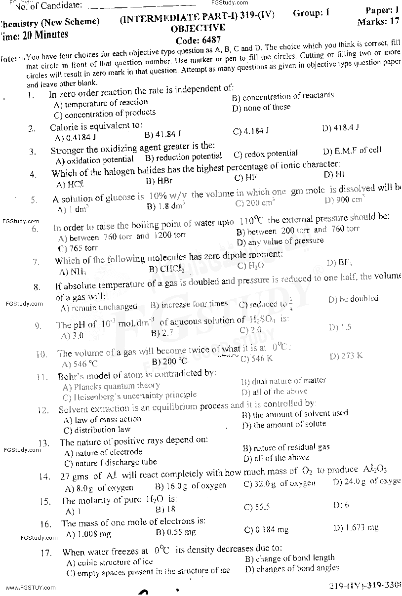 11th Class Chemistry Past Paper 2019 Gujranwala Board Group 1 Objective