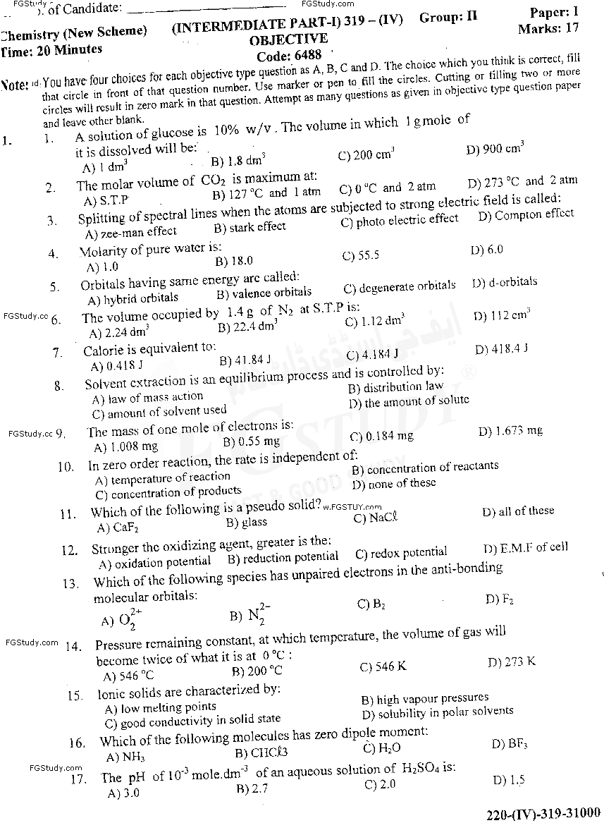 11th Class Chemistry Past Paper 2019 Gujranwala Board Group 2 Objective