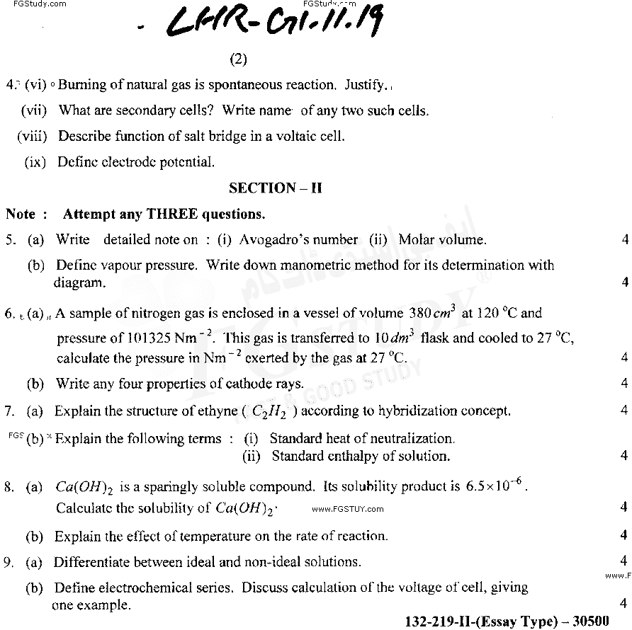 11th Class Chemistry Past Paper 2019 Lahore Board Group 2 Subjective