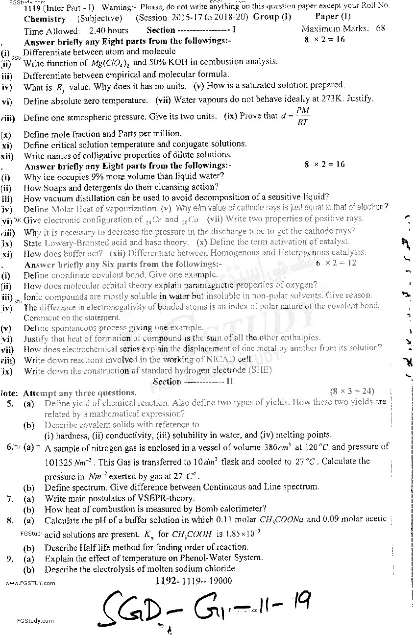 11th Class Chemistry Past Paper 2019 Sargodha Board Group 1 Subjective