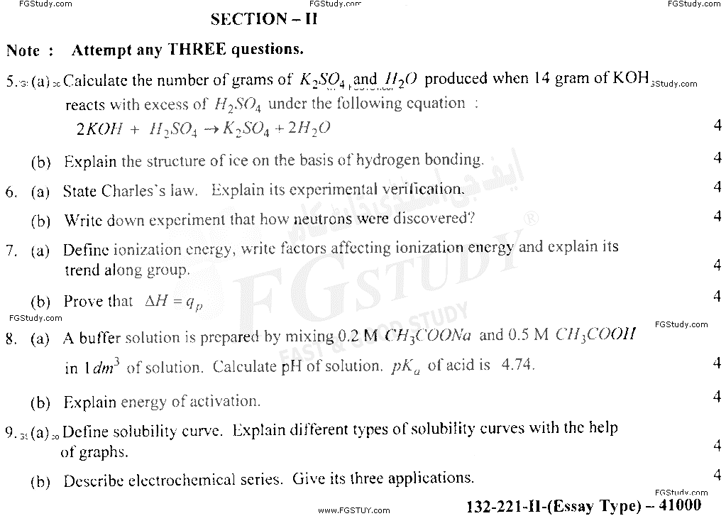 11th Class Chemistry Past Paper 2021 Lahore Board Group 2 Subjective