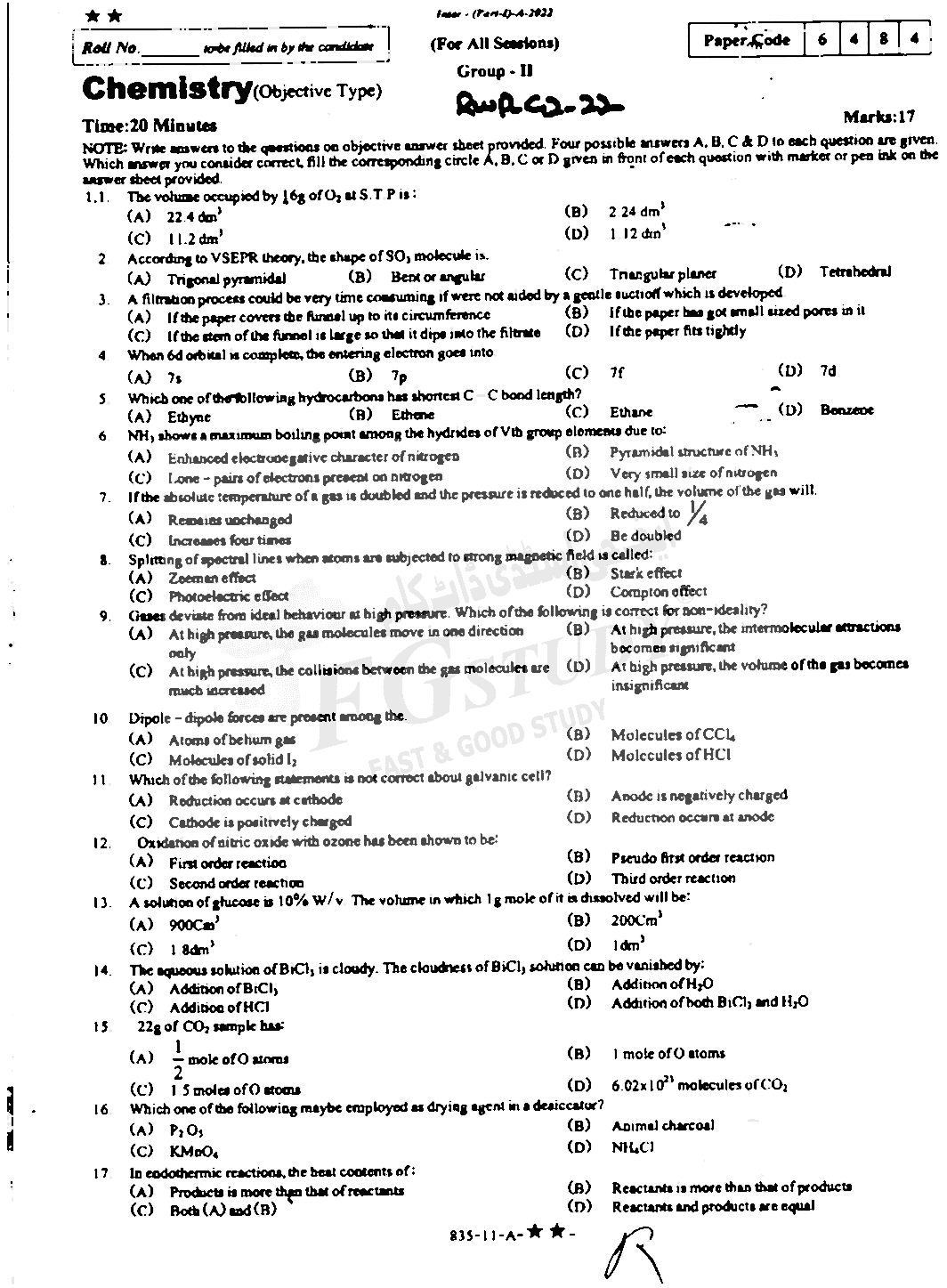 11th Class Chemistry Past Paper 2022 Rawalpindi Board Group 2 Objective