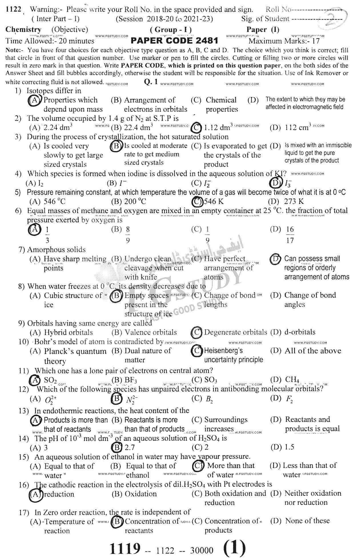 11th Class Chemistry Past Paper 2022 Sargodha Board Group 1 Objective