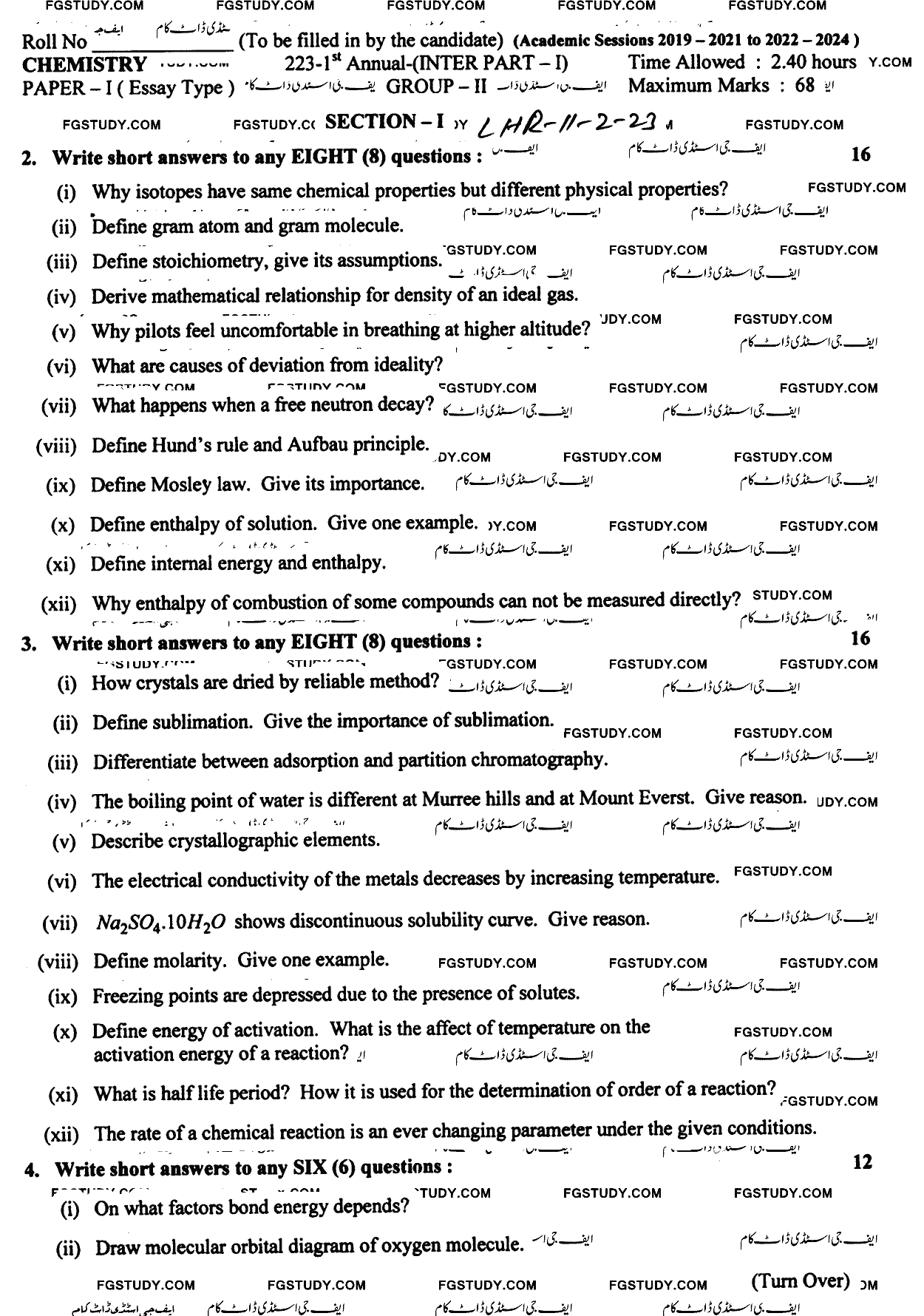 11th Class Chemistry Past Paper 2023 Lahore Board Group 2 Subjective