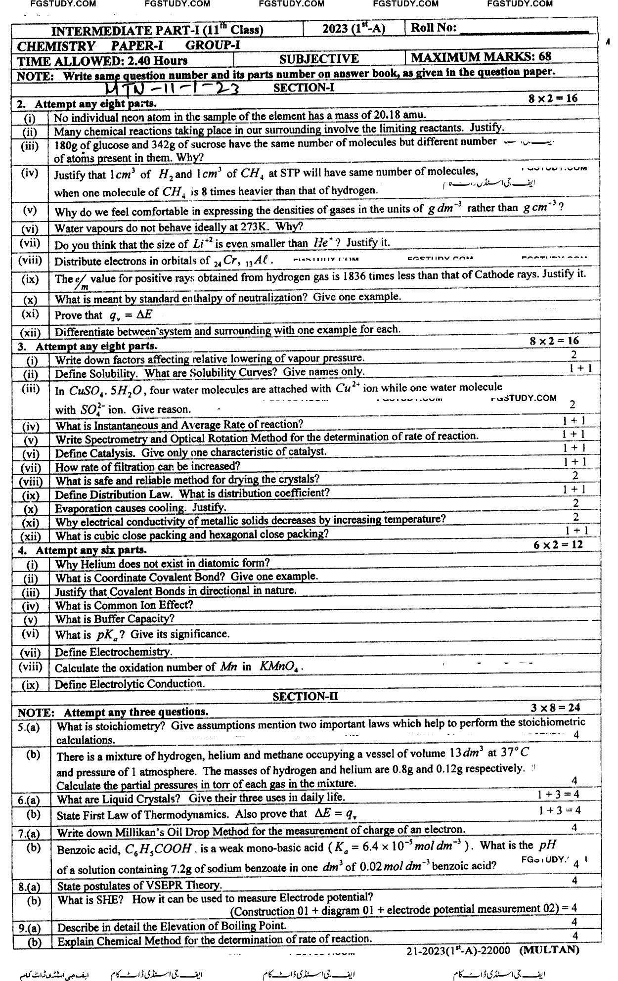 11th Class Chemistry Past Paper 2023 Multan Board Group 1 Subjective