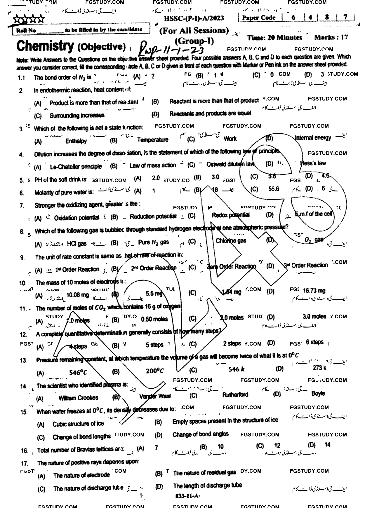 11th Class Chemistry Past Paper 2023 Rawalpindi Board Group 1 Objective