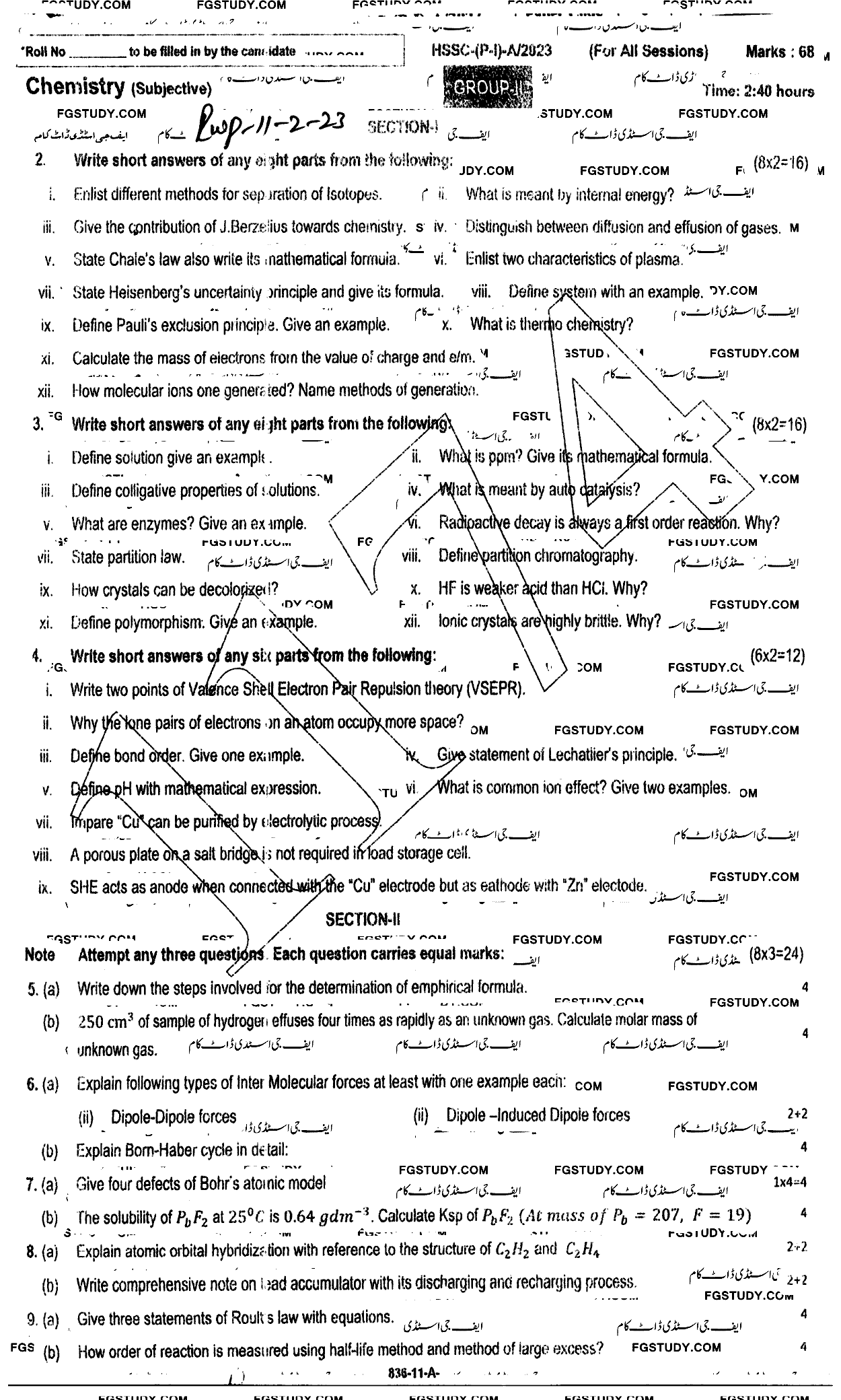 11th Class Chemistry Past Paper 2023 Rawalpindi Board Group 2 Subjective