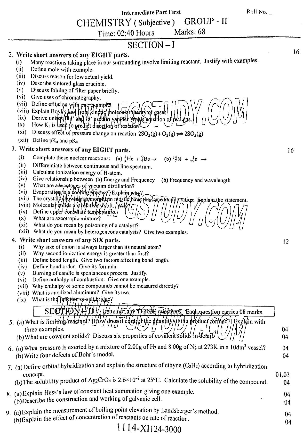 11th Class Chemistry Past Paper 2024 Faisalabad Board Group 2 Subjective