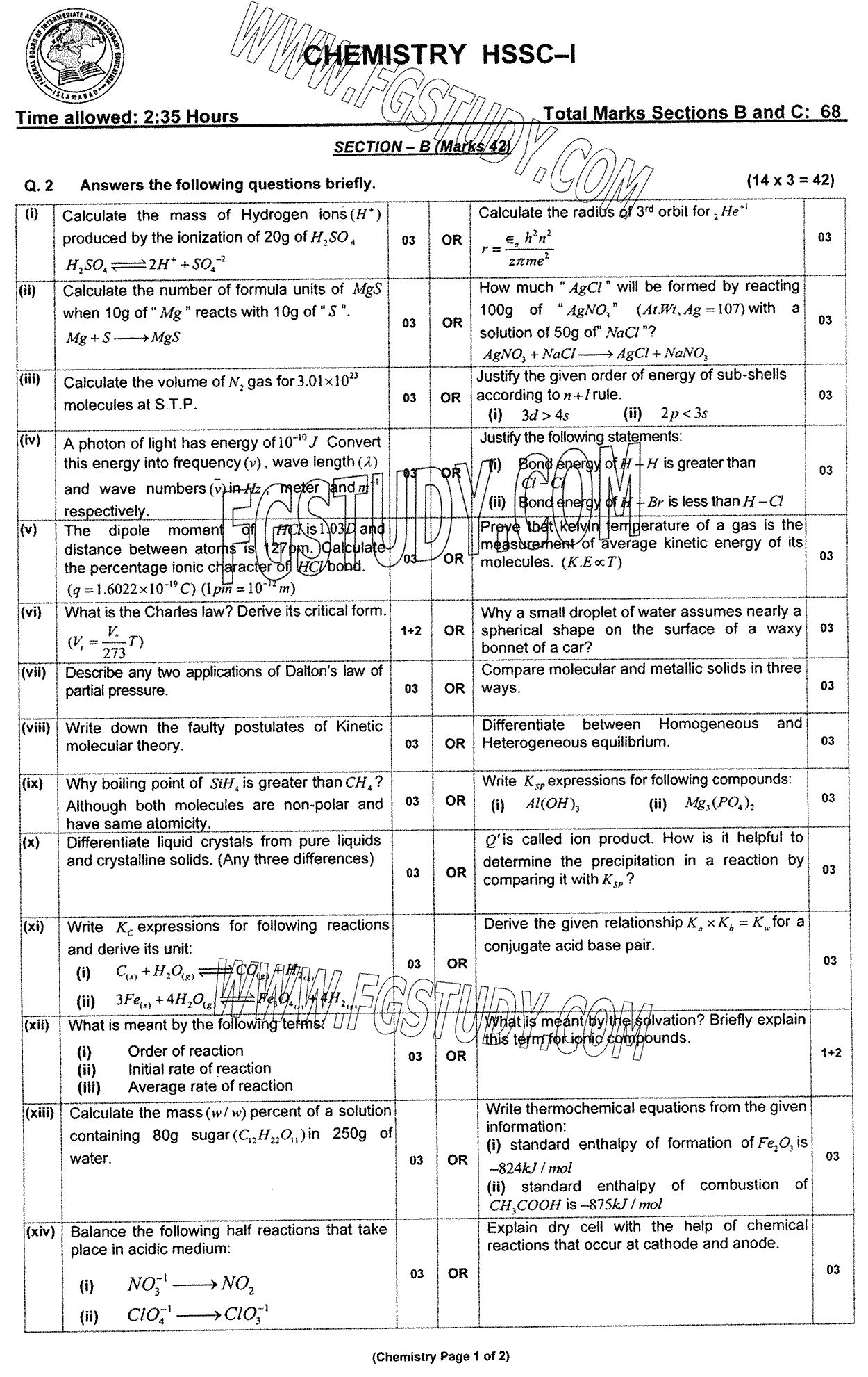 11th Class Chemistry Past Paper 2024 Federal Board Islamabad Group 2 Subjective