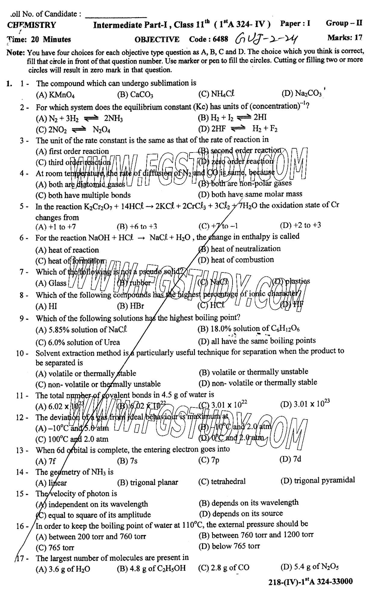11th Class Chemistry Past Paper 2024 Gujranwala Board Group 2 Objective