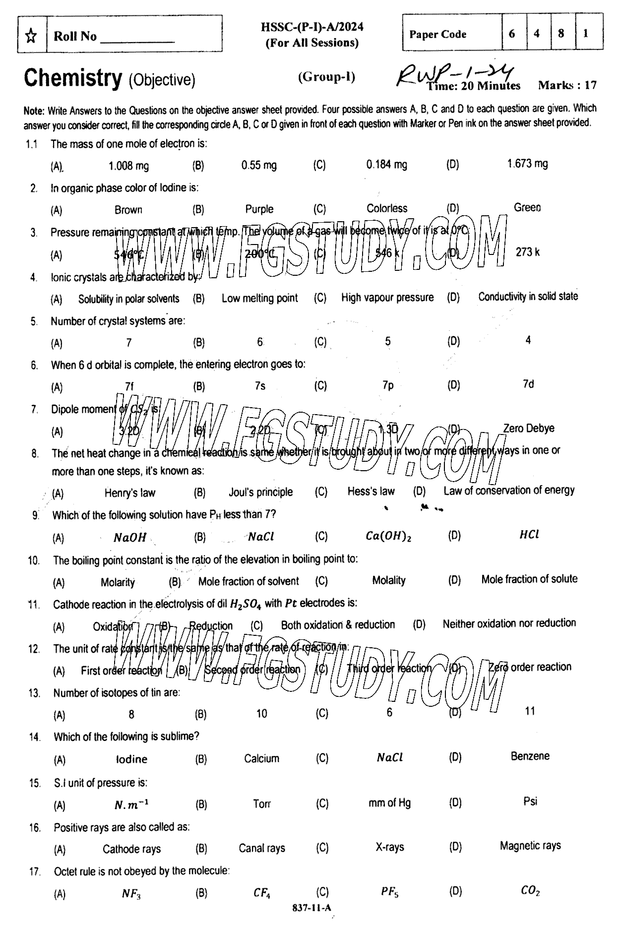 11th Class Chemistry Past Paper 2024 Rawalpindi Board Group 1 Objective