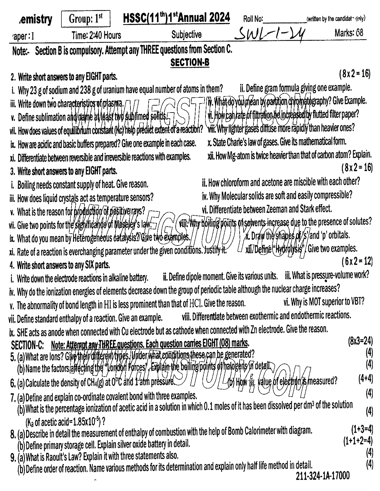 11th Class Chemistry Past Paper 2024 Sahiwal Board Group 1 Subjective