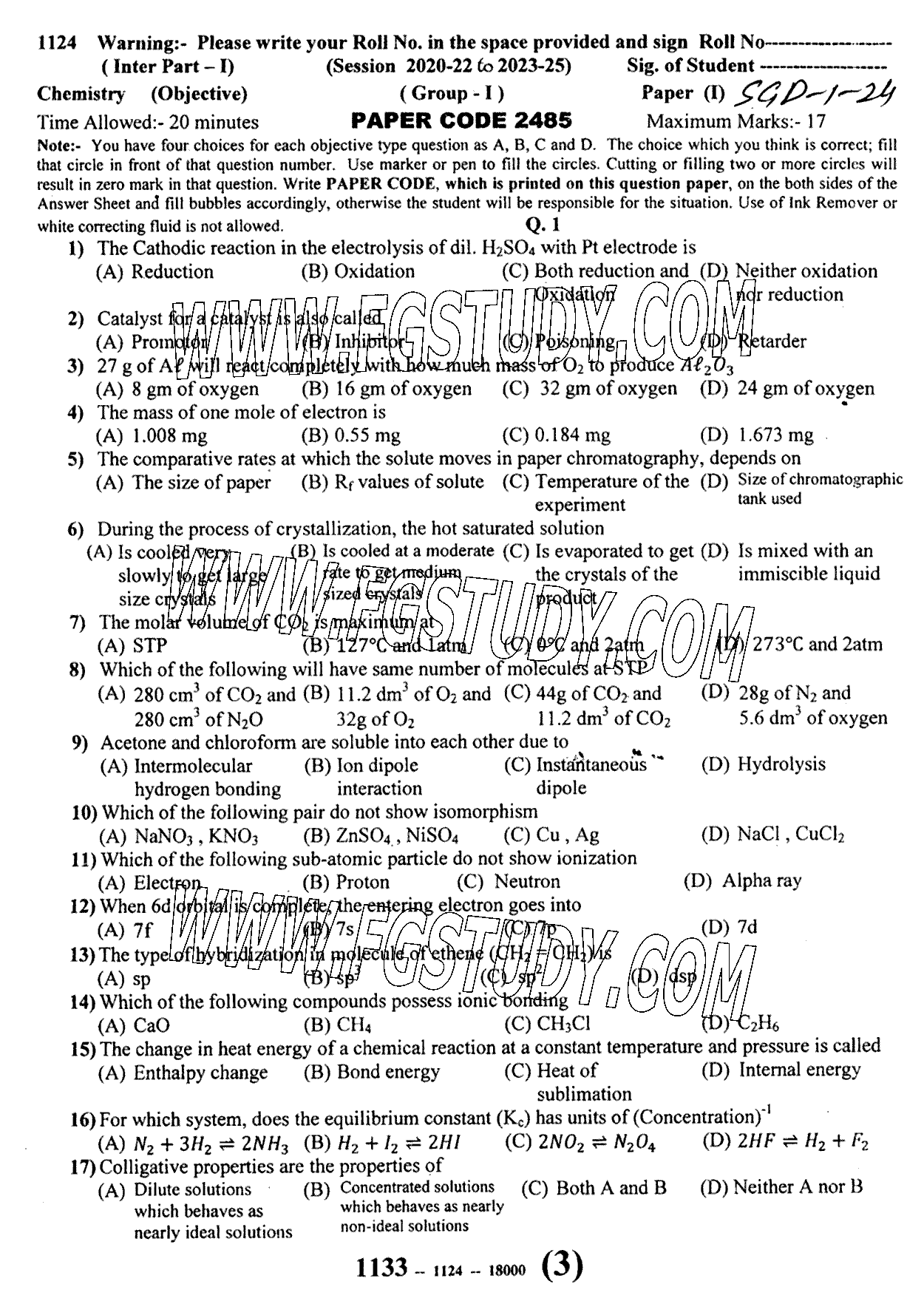 11th Class Chemistry Past Paper 2024 Sargodha Board Group 1 Objective