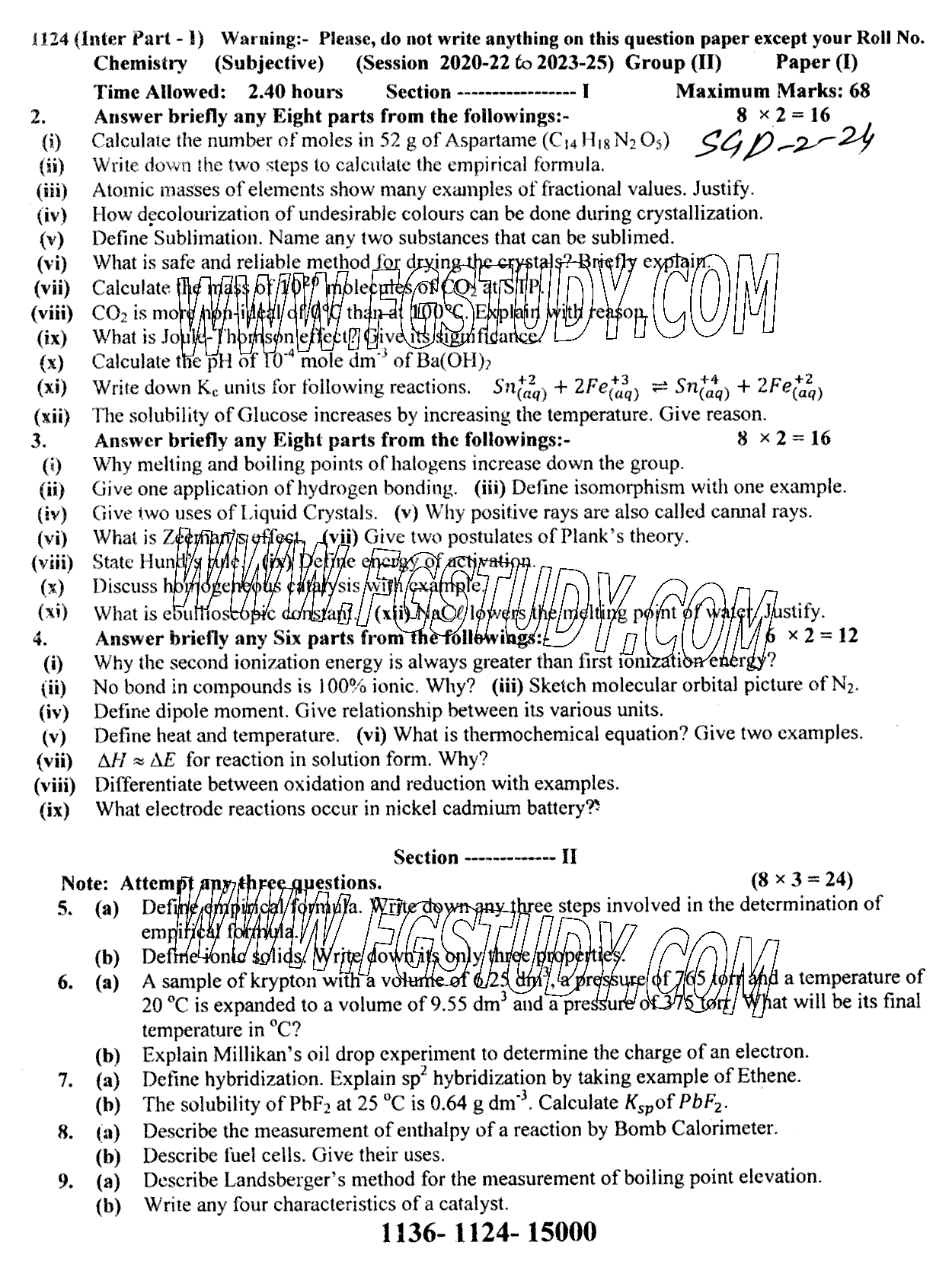 11th Class Chemistry Past Paper 2024 Sargodha Board Group 2 Subjective