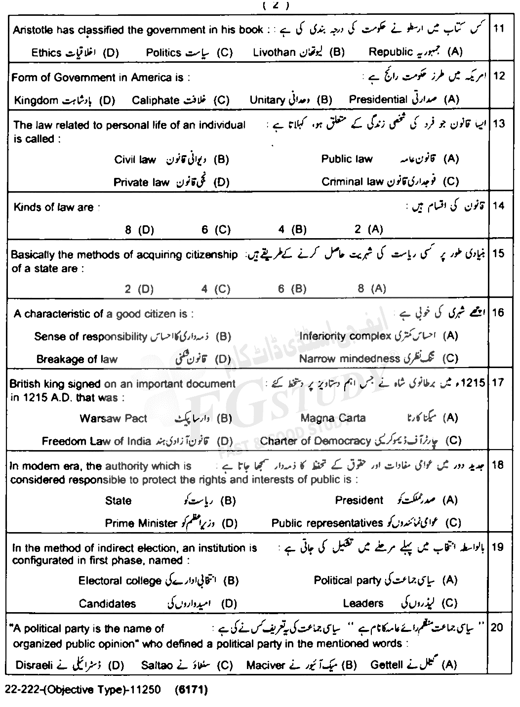 11th Class Civics Past Paper 2022 Lahore Board Objective