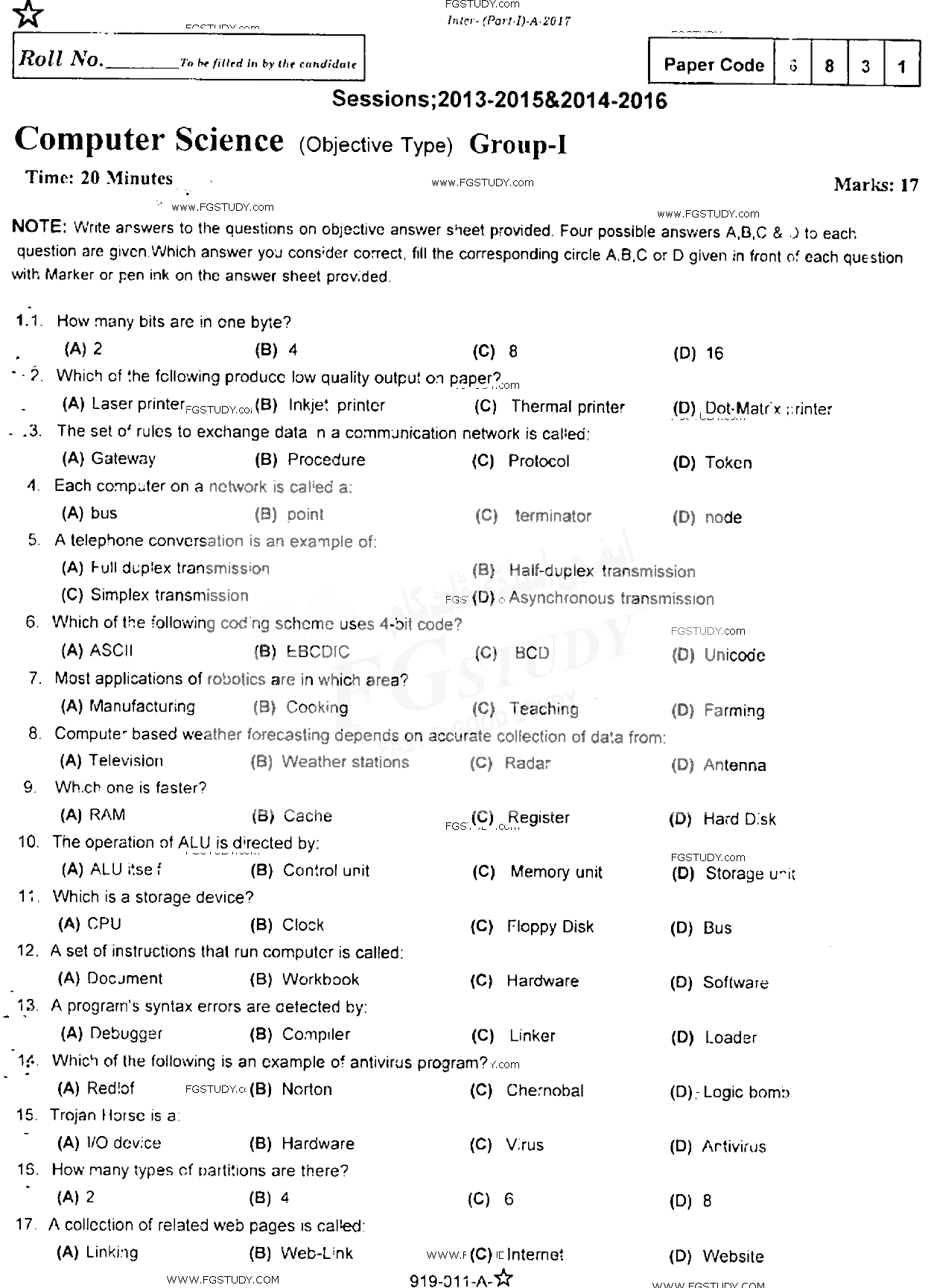 11th Class Computer Science Past Paper 2017 Rawalpindi Board Group 1 Objective