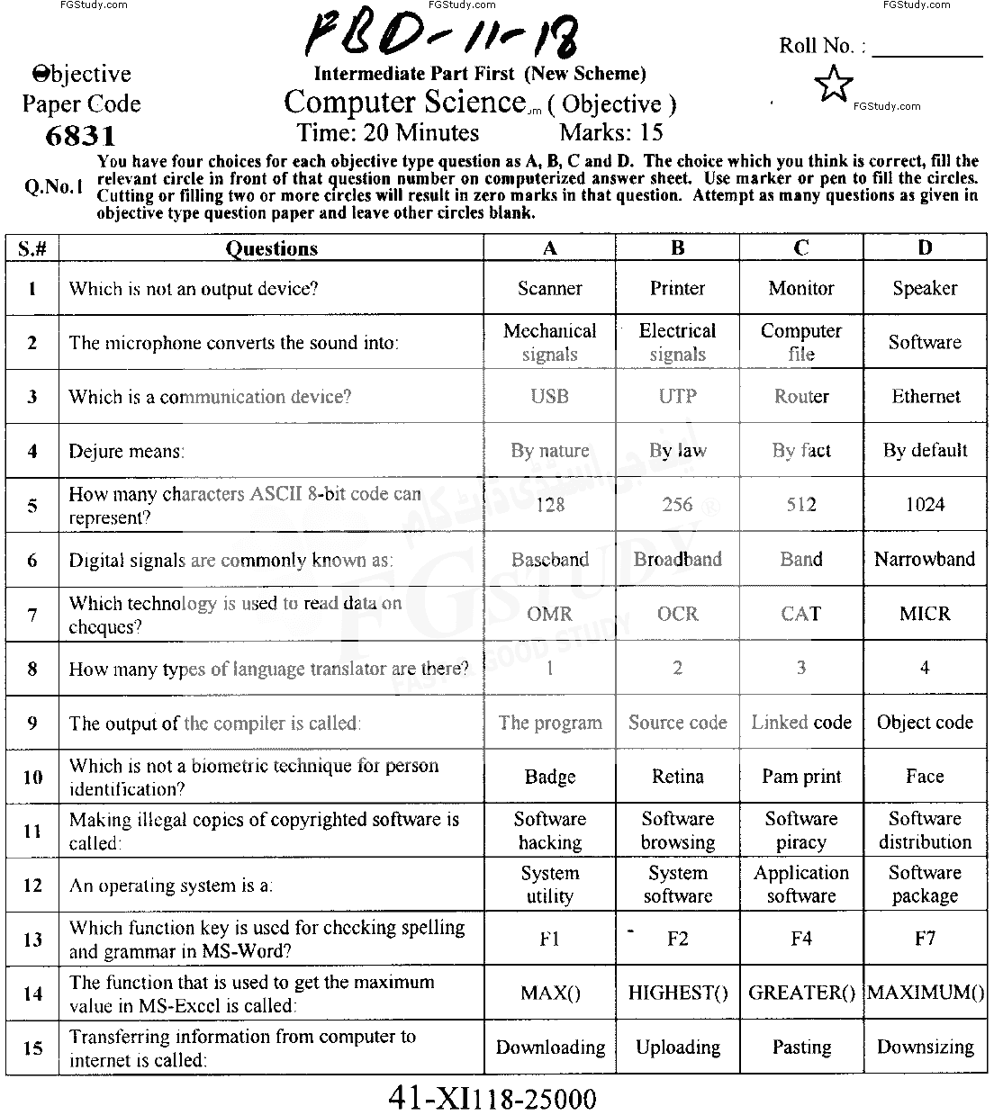 11th Class Computer Science Past Paper 2018 Faisalabad Board Objective