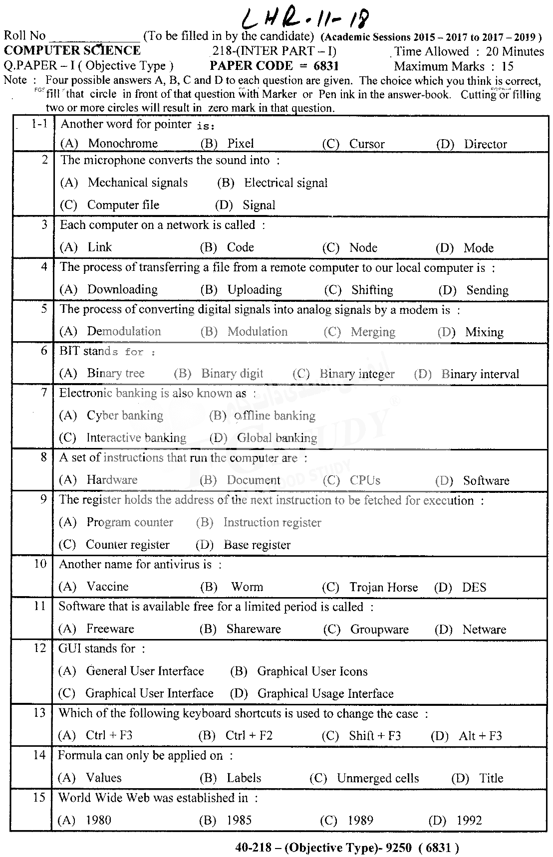 11th Class Computer Science Past Paper 2018 Lahore Board Objective