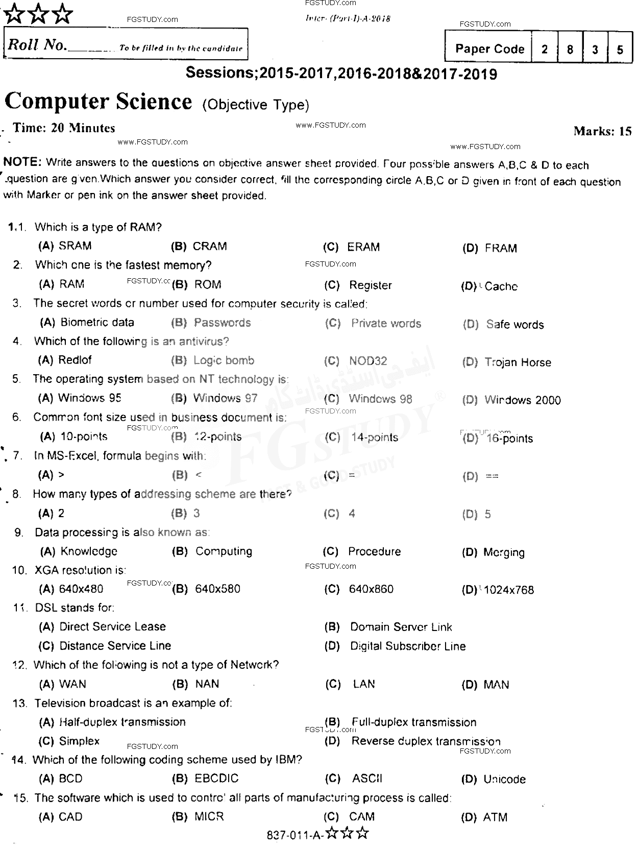11th Class Computer Science Past Paper 2018 Rawalpindi Board Objective