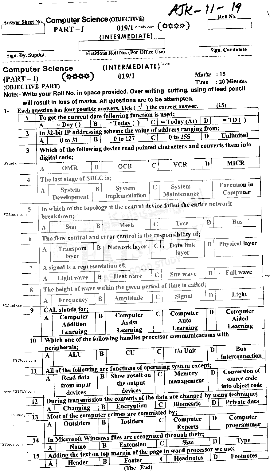 11th Class Computer Science Past Paper 2019 Ajk Board Objective