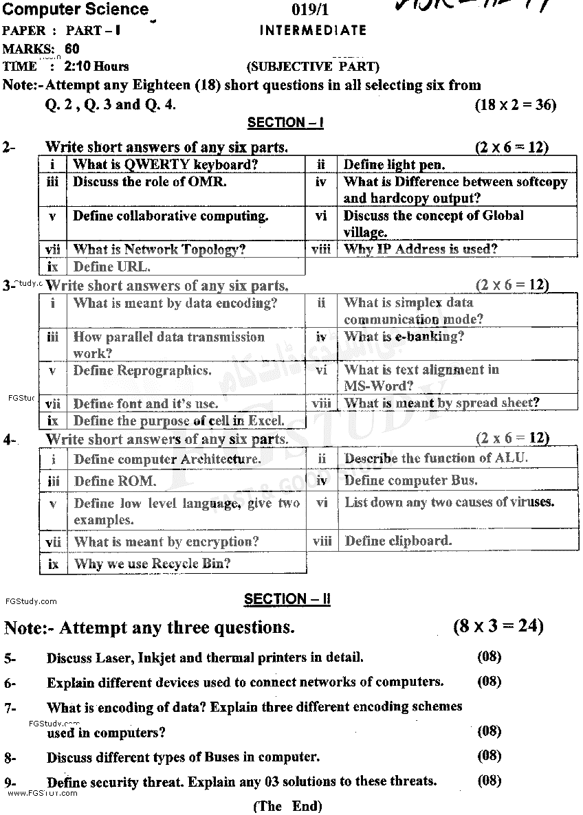 11th Class Computer Science Past Paper 2019 Ajk Board Subjective