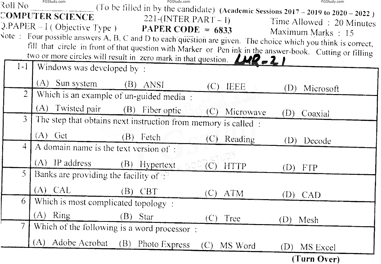 11th Class Computer Science Past Paper 2021 Lahore Board Objective