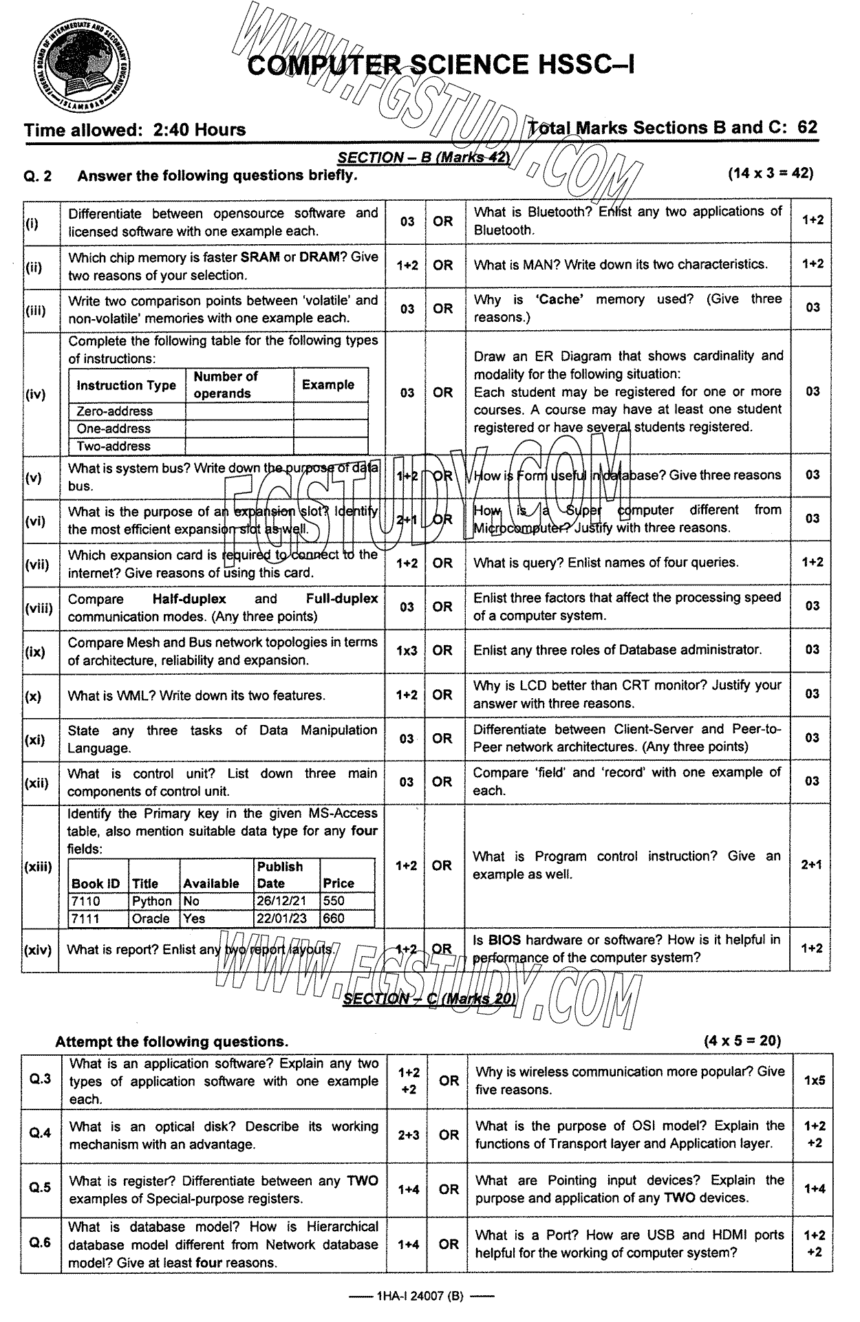 11th Class Computer Science Past Paper 2024 Federal Board Islamabad Group 1 Subjective
