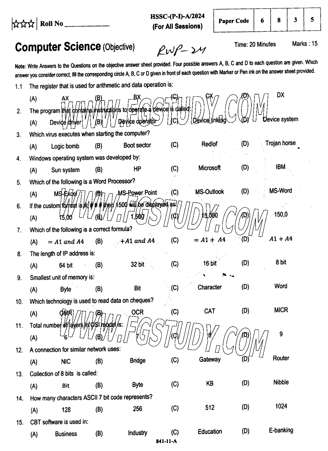 11th Class Computer Science Past Paper 2024 Rawalpindi Board Objective