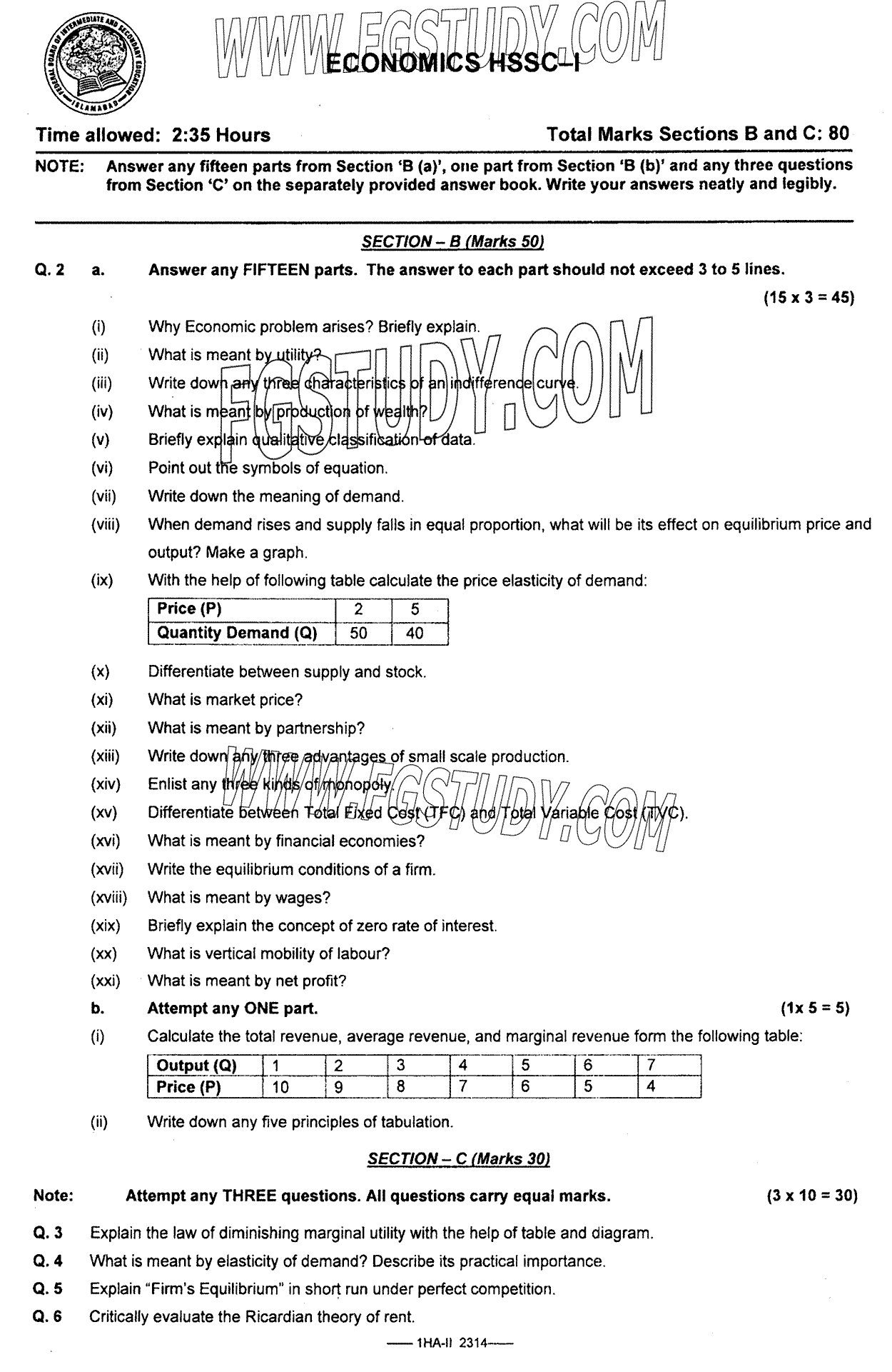 11th Class Economics Past Paper 2023 Federal Board Islamabad Subjective