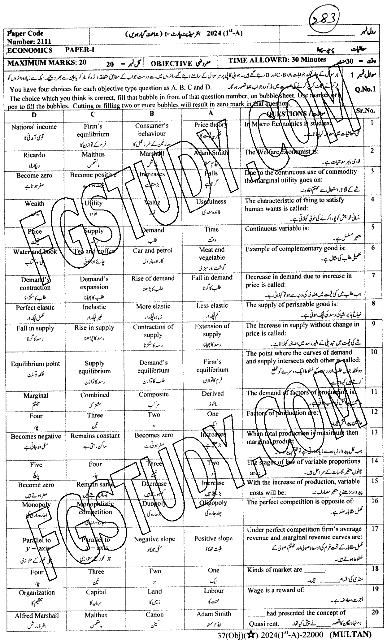 11th Class Economics Past Paper 2024 Multan Board Objective